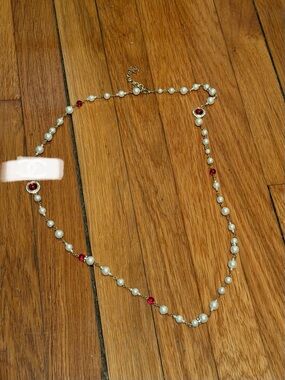 Pearl and Red Crystal Station Designer Inspired Necklace